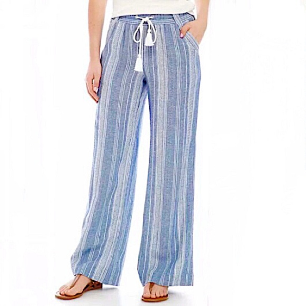 Jolt Striped Linen Blend Wide Leg Casual Beach Pull On Pants Size L